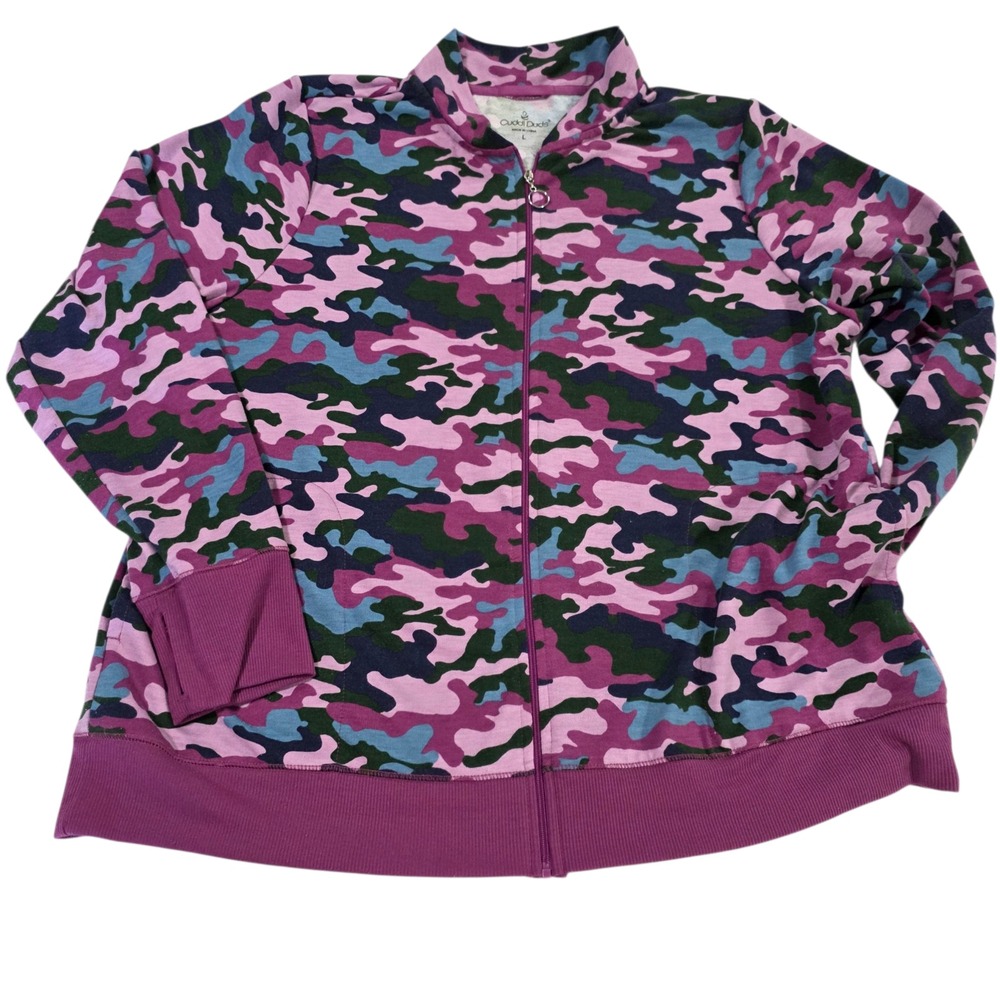 Cuddl Duds Sweatshrt Jacket Women Purple Camo L Full Zip Camouflage Knit Stretch
